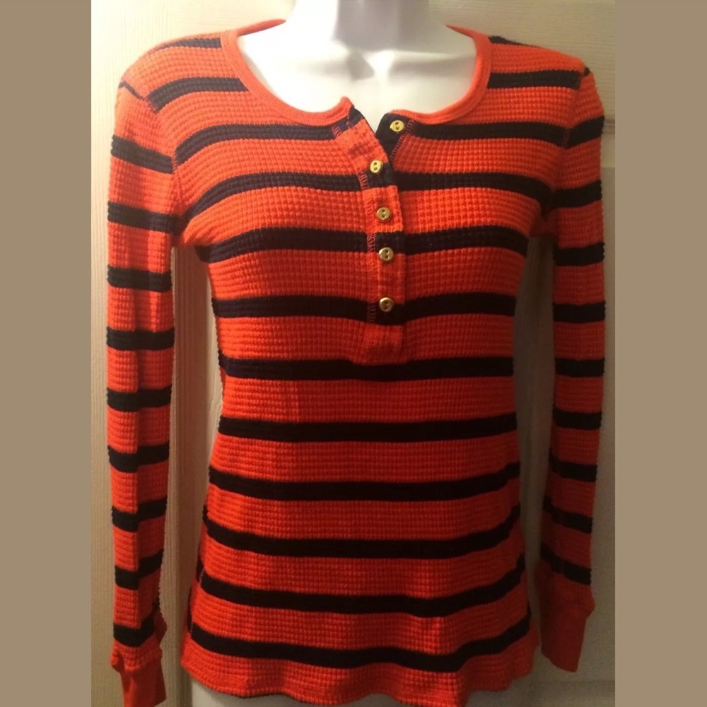 J. CREW Vintage Thermal Henley Stripe Shirt Orange